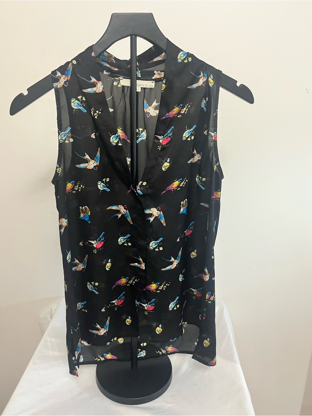 Monk & Lou Black V-Neck Top with Colorful Bird Print